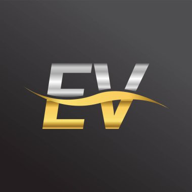 İlk harf EV logosu. Altın ve gümüş rengi Swoosh tasarımı. İş ve şirket kimliği için vektör logosu.
