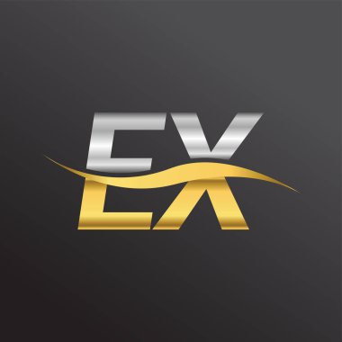 İlk harf logosu EX şirketinin adı altın ve gümüş rengi Swoosh tasarımı. İş ve şirket kimliği için vektör logosu.