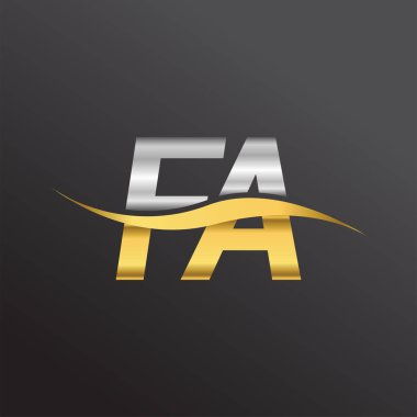 İlk harf FA şirketinin adı altın ve gümüş rengi Swoosh tasarımı. İş ve şirket kimliği için vektör logosu.