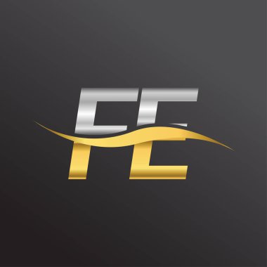 İlk harf FE FE şirketi adı, altın ve gümüş rengi Swoosh tasarımı. İş ve şirket kimliği için vektör logosu.