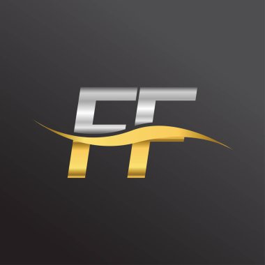 İlk harf FF şirket adı altın ve gümüş rengi swoosh tasarımı. İş ve şirket kimliği için vektör logosu.
