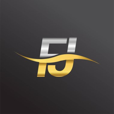 İlk harf logosu FJ şirketinin adı Altın ve Gümüş rengi Swoosh tasarımı. İş ve şirket kimliği için vektör logosu.
