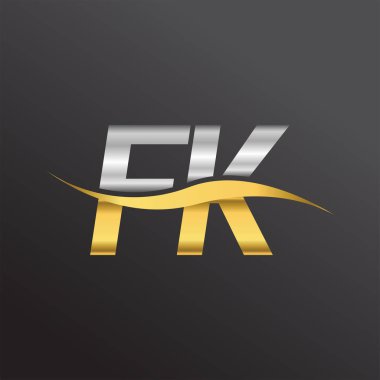 İlk harf logosu FK şirketinin adı altın ve gümüş rengi Swoosh tasarımı. İş ve şirket kimliği için vektör logosu.