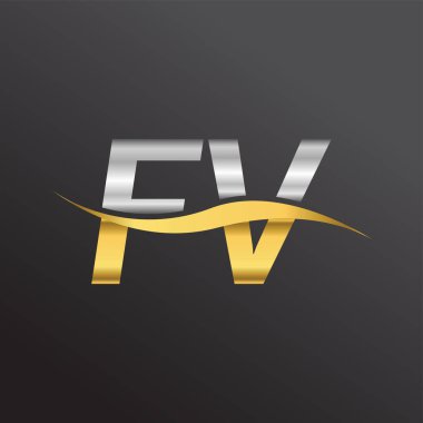 İlk harf logosu FV şirketinin adı altın ve gümüş rengi Swoosh tasarımı. İş ve şirket kimliği için vektör logosu.