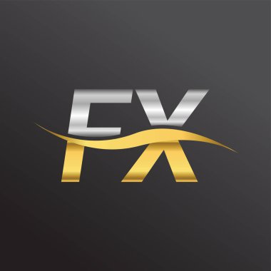 İlk harf logosu FX şirketinin adı altın ve gümüş rengi Swoosh tasarımı. İş ve şirket kimliği için vektör logosu.