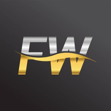 İlk harf logosu FW şirketinin adı altın ve gümüş rengi Swoosh tasarımı. İş ve şirket kimliği için vektör logosu.