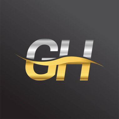 İlk harf amblemi GH şirketinin adı altın ve gümüş rengi swoosh tasarımı. İş ve şirket kimliği için vektör logosu.