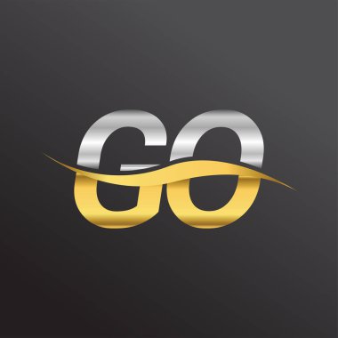 İlk harf GO GO şirketi adı altın ve gümüş rengi Swoosh tasarımı. İş ve şirket kimliği için vektör logosu.