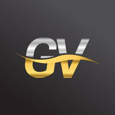 İlk harf GV şirketinin adı altın ve gümüş rengi Swoosh tasarımı. İş ve şirket kimliği için vektör logosu.