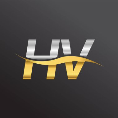 İlk harf logosu HV şirketinin adı altın ve gümüş rengi Swoosh tasarımı. İş ve şirket kimliği için vektör logosu.