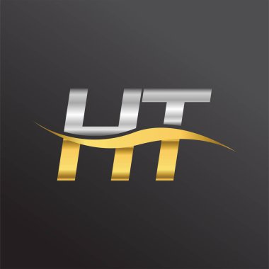 İlk harf HT logosu. Altın ve gümüş rengi Swoosh tasarımı. İş ve şirket kimliği için vektör logosu.