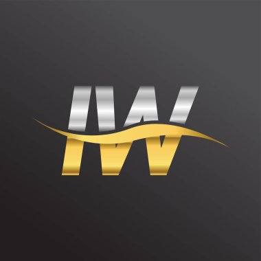 İlk harf logosu IW şirketinin adı altın ve gümüş rengi Swoosh tasarımı. İş ve şirket kimliği için vektör logosu.