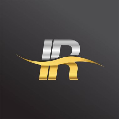İlk harf IR şirketi adı altın ve gümüş rengi Swoosh tasarımı. İş ve şirket kimliği için vektör logosu.