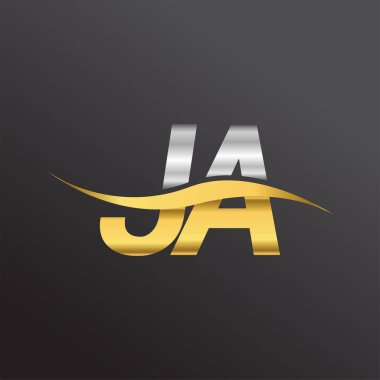 İlk harf logosu JA şirketinin adı Altın ve Gümüş rengi Swoosh tasarımı. İş ve şirket kimliği için vektör logosu.