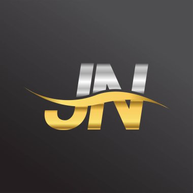 İlk harf logosu JN şirketinin adı altın ve gümüş rengi Swoosh tasarımı. İş ve şirket kimliği için vektör logosu.