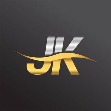 İlk harf logosu JK şirketinin adı altın ve gümüş rengi Swoosh tasarımı. İş ve şirket kimliği için vektör logosu.
