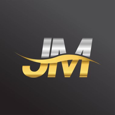 İlk harf logosu JM şirketinin adı altın ve gümüş rengi Swoosh tasarımı. İş ve şirket kimliği için vektör logosu.