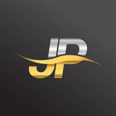 İlk harf logosu JP şirketinin adı altın ve gümüş rengi Swoosh tasarımı. İş ve şirket kimliği için vektör logosu.
