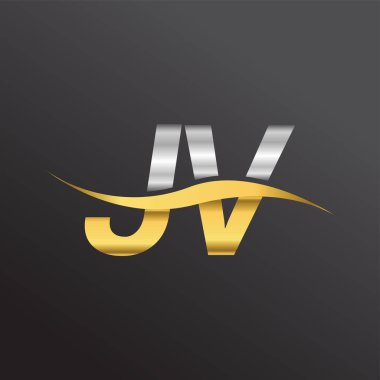 İlk harf logosu JV şirketinin adı altın ve gümüş rengi Swoosh tasarımı. İş ve şirket kimliği için vektör logosu.