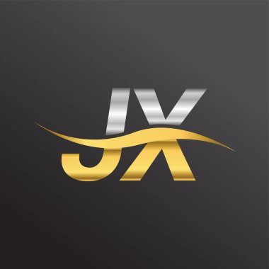 İlk harf logosu JX şirketinin adı altın ve gümüş rengi Swoosh tasarımı. İş ve şirket kimliği için vektör logosu.