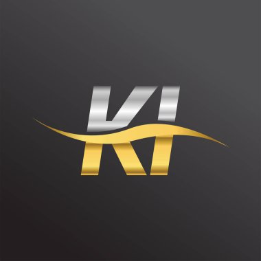 İlk harf KI şirketi. Altın ve gümüş rengi Swoosh tasarımı. İş ve şirket kimliği için vektör logosu.