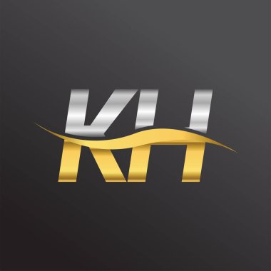İlk harf logosu KH. Altın ve gümüş rengi Swoosh tasarımı. İş ve şirket kimliği için vektör logosu.