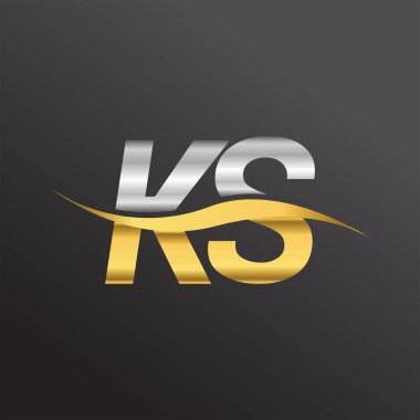 İlk harf K.S. şirketinin adı altın ve gümüş rengi Swoosh tasarımı. İş ve şirket kimliği için vektör logosu.