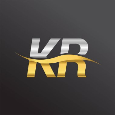 İlk harf logosu KR şirketinin adı altın ve gümüş rengi Swoosh tasarımı. İş ve şirket kimliği için vektör logosu.