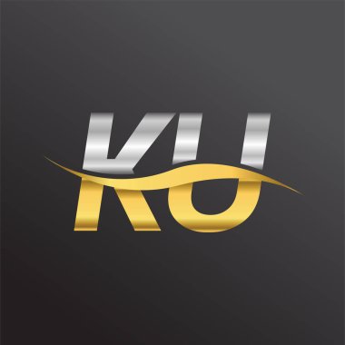 İlk harf logosu KU şirketinin adı altın ve gümüş rengi Swoosh tasarımı. İş ve şirket kimliği için vektör logosu.