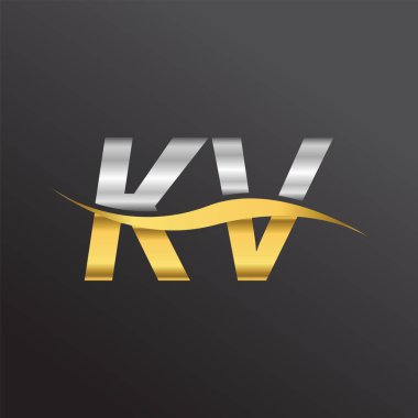 İlk harf KV şirketi, altın ve gümüş rengi Swoosh tasarımı. İş ve şirket kimliği için vektör logosu.