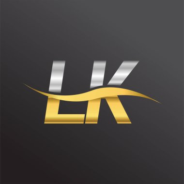 LK şirketinin ilk harfi altın ve gümüş rengi Swoosh tasarımı. İş ve şirket kimliği için vektör logosu.