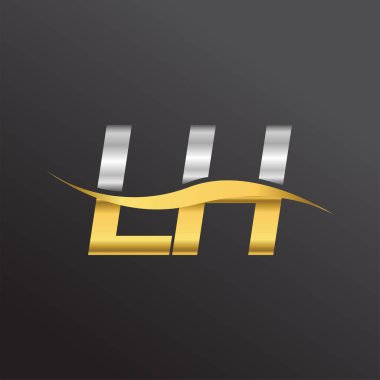 LH şirketinin ilk harfi altın ve gümüş rengi Swoosh tasarımı. İş ve şirket kimliği için vektör logosu.