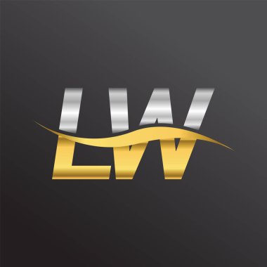 İlk harf logosu LW şirketinin adı altın ve gümüş rengi Swoosh tasarımı. İş ve şirket kimliği için vektör logosu.