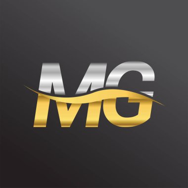 İlk harf logosu MG şirketinin adı altın ve gümüş rengi Swoosh tasarımı. İş ve şirket kimliği için vektör logosu.