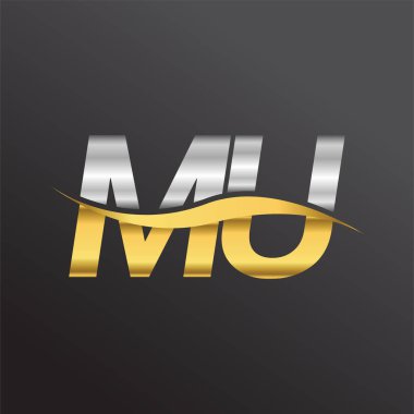 İlk harf logosu MU şirketinin adı Altın ve Gümüş rengi Swoosh tasarımı. İş ve şirket kimliği için vektör logosu.