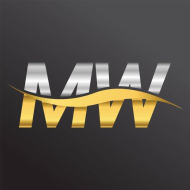 İlk harf logosu MW şirketinin adı altın ve gümüş rengi Swoosh tasarımı. İş ve şirket kimliği için vektör logosu.