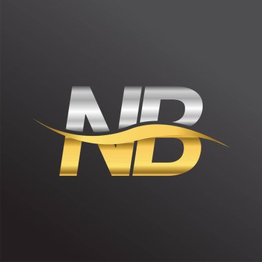 İlk harf NB logosu. Altın ve gümüş rengi Swoosh tasarımı. İş ve şirket kimliği için vektör logosu.