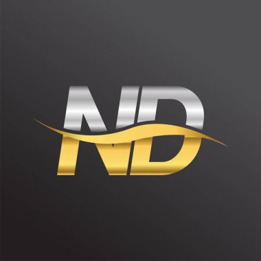 İlk harf ND logosu. Altın ve gümüş rengi Swoosh tasarımı. İş ve şirket kimliği için vektör logosu.