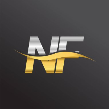 İlk harf logosu NF şirketinin adı altın ve gümüş rengi Swoosh tasarımı. İş ve şirket kimliği için vektör logosu.