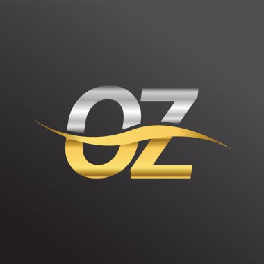 İlk harf, OZ şirketi. Altın ve gümüş rengi Swoosh tasarımı. İş ve şirket kimliği için vektör logosu.