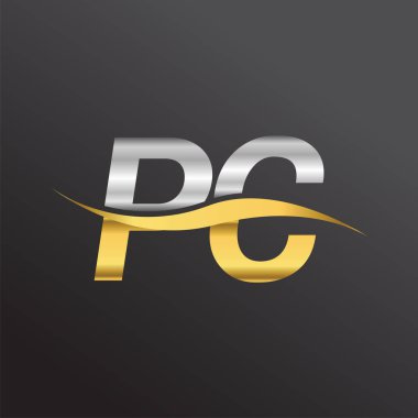 İlk harf logosu PC şirketinin adı Altın ve Gümüş rengi Swoosh tasarımı. İş ve şirket kimliği için vektör logosu.