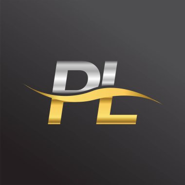 İlk harf logosu PL şirketinin adı altın ve gümüş rengi Swoosh tasarımı. İş ve şirket kimliği için vektör logosu.
