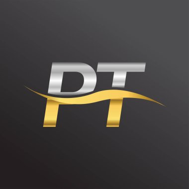 İlk harf logosu PT şirketinin adı Altın ve Gümüş rengi Swoosh tasarımı. İş ve şirket kimliği için vektör logosu.
