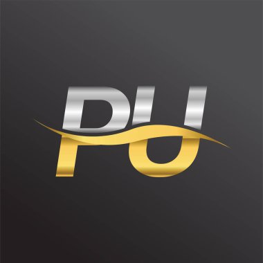 İlk harf PU şirketi adı altın ve gümüş rengi Swoosh tasarımı. İş ve şirket kimliği için vektör logosu.