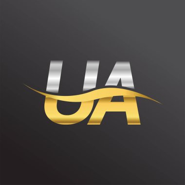 İlk harf logosu UA şirketinin adı Altın ve Gümüş rengi Swoosh tasarımı. İş ve şirket kimliği için vektör logosu.