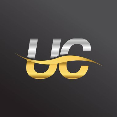 İlk harf UC logosu. Altın ve gümüş rengi Swoosh tasarımı. İş ve şirket kimliği için vektör logosu.