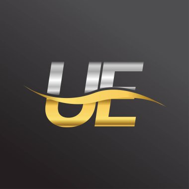İlk harf logosu UE şirketinin adı altın ve gümüş rengi Swoosh tasarımı. İş ve şirket kimliği için vektör logosu.