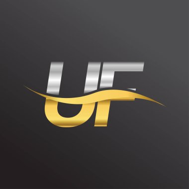 İlk harf UF logosu. Altın ve gümüş rengi Swoosh tasarımı. İş ve şirket kimliği için vektör logosu.