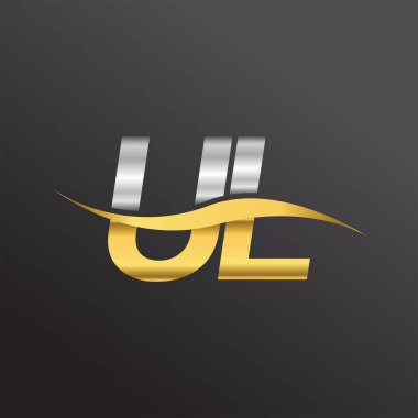 İlk harf UL logosu. Altın ve gümüş rengi Swoosh tasarımı. İş ve şirket kimliği için vektör logosu.