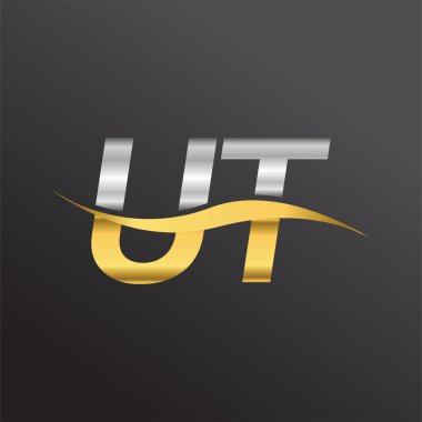 İlk harf UT logosu. Altın ve gümüş rengi Swoosh tasarımı. İş ve şirket kimliği için vektör logosu.
